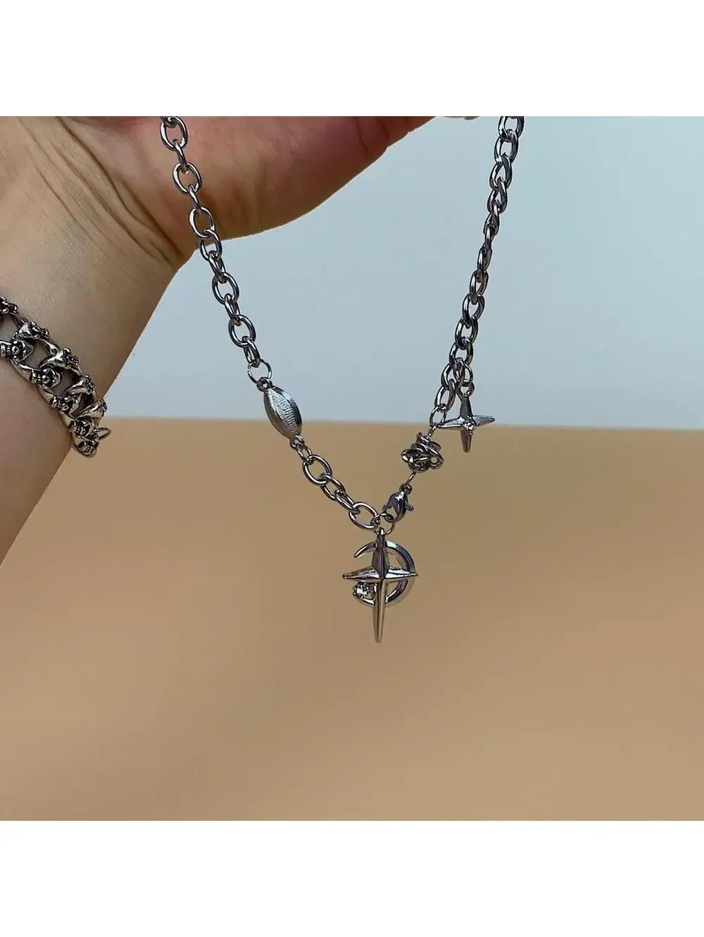 Y2k cyber 2000s style punk grunge crystal cross and opal pendant necklace chain.